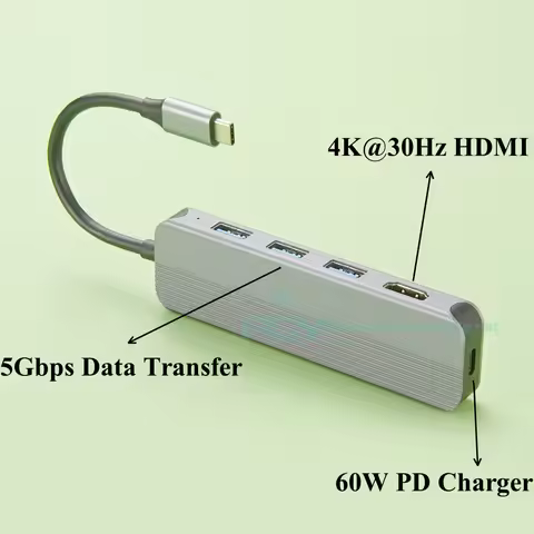 5 In 1 USB-C Mini Docking Station Hub, USB Type-C MultiPort Adapter Converter with 4K2K@30Hz HD, 60W
