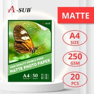 【Double Matte 250gsm】A-SUB Double-Sided A4 Matte Photo Paper 250gsm Inkjet Matte Coated Paper 20pcs