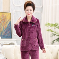 Bộ Đồ Nhung Flannel Dày Dặn Rộng Rãi Dài Tay Cho Nữ Mùa Thu Đông Đồ Ngủ Cho Người Già Trung Niên Và 