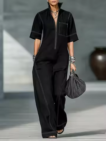 UOOZEE 2026 New Women's Fashion Streetwear Contrast Stitch Lapel Jumpsuit Loose Short Sleeve Pockets