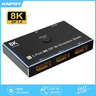 3 port 8K DisplayPort Switch Splitter 1x3 Bi-Direction DP 1.4 Switcher 8K@60Hz 4K@144Hz for Switch M
