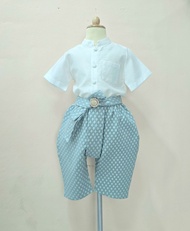 ชุดไทยเด็กชายและพ่อเสื้อไหมแขนสั้นปกคอจีนพร้อมโจงกระเบน อัดผ้ากาว ชุดเซ็ท 1 ชุด J002C