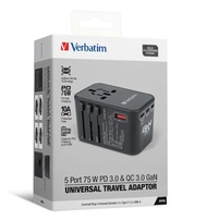 *小西灣免費送貨* Verbatim 5 端口 75W PD 3.0 & QC 3.0 GaN 通用旅行轉插 66919 