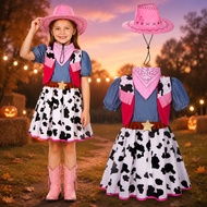 Girls Pink Cowgirl Costume Dress Set Hat Bandana Kids Halloween Party Cosplay Fancy Outfit