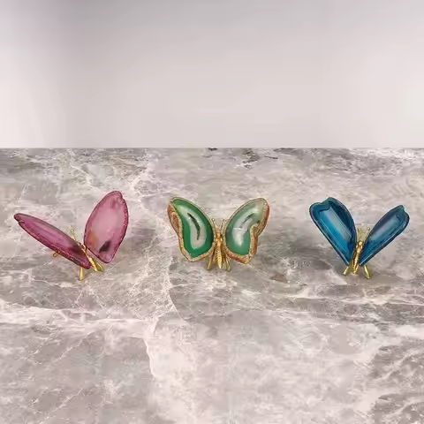 Colored Agate Butterfly Ornament Natural Agate Chips Brass Simulation Insects Butterfly Statue Metal