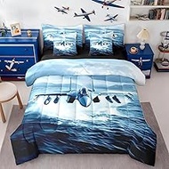 Aircraft Comforter Set 7 Pieces,Aircraft flying Over the Sea Bed Set for Boys Adults,Realistic 3D Pl