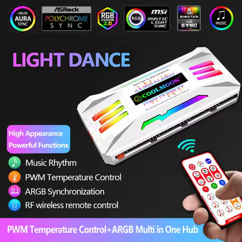 COOLMOON 5V 3Pin 4Pin ARGB Fan PWM HUB Music Rhythm Temperature Controller 60W 1To8 Aura Sync Coolin