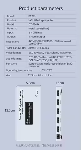 DTECH HDMI Switcher 1x4 5-port 4k 60hz 1 in 4 Out Video and Audio 2.0 HDMI Splitter