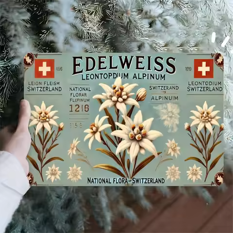 Vintage Swiss National Flower - Indoor/Outdoor Decorative Plaque with Edelweiss & Alpine Flowers Des