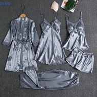 [cxGYMO] 5PC Silk Robe Sleep Suit - Lace & Satin Nightgowns with V-Neck Camis