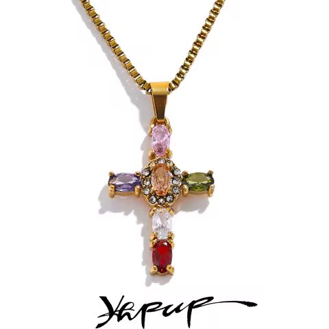 Yhpup Delicate Colorful Bling Cubic Zirconia Cross Pendant Stainless Steel Luxury Necklace High-Grad