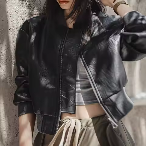 Maden Women’s Moto Biker Jacket Faux Leather Short Zipper Coat Retro Streetwear Autumn Fashion Femal