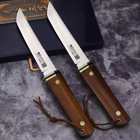 WPKOPYA Japan D2 Steel acid branch wooden handle camping survival knife, hunting knife + sheath, EDC
