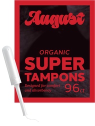 August Organic Cotton Tampons, 96 Super Tampons Made with Organic Cotton, Long Applicators, Non-toxi