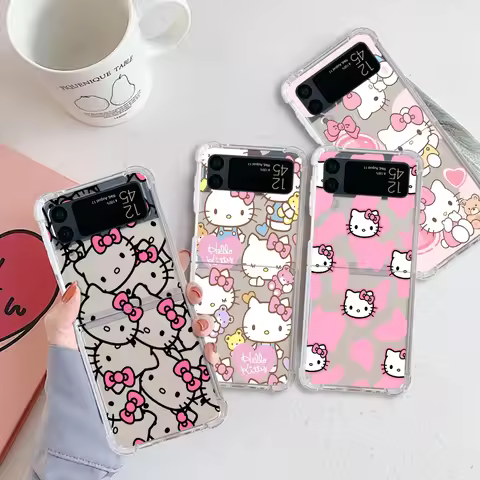 Cute Hello Kitty Case For Samsung Galaxy Z Flip 4 3 5 5G Funda Z Flip4 Clear PC Hard Luxury Back Pho