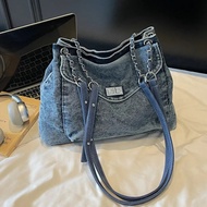 Beg Bahu Berkapasiti Besar Denim untuk Wanita, Beg Jeans Kasual, Beg Tangan Mewah Rekaan Pereka, Beg