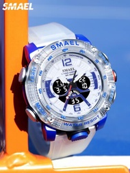 SMAEL1入組白色TPR聚氨酯帶休閒計時碼表防震防水日期圓形錶盤數字手錶,適用於日常生活