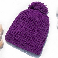 手織純羊毛帽/針織毛帽/內刷毛手織毛帽/手工針織毛線帽 -葡萄紫