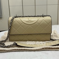 TORY BURCH Fleming 菱格鑽石紋 絎縫鏈帶斜背包 肩背包 奶油色 淡黃 正品 二手精品