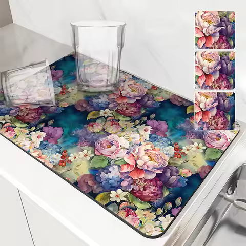 Kitchen Countertop Absorbent Mat, Watercolor Plant And Flower Soft Diatom Mud Anti-absorbent Mat, Ki