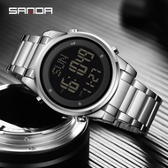 SANDA นาฬิกาแนวโน้มแฟชั่น Jam Tangan Digital สแตนเลสสำหรับคุณผู้ชาย,นาฬิกาข้อมือกันน้ำมีแสง