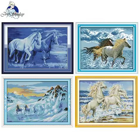 Joy Sunday Running Horses Stamped Cross Stitch Kits Aida Cloth 16/14/11CT Handmade Embroidery Needle