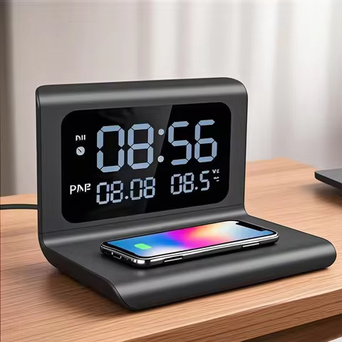 Wireless Charger Pad Stand with Alarm Clock Thermometer for iPhone 17- 11 X Xiaomi Samsung 15W Phone