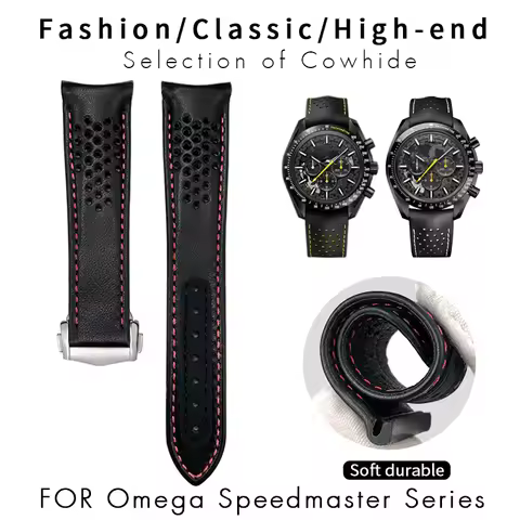 20mm 21mm Curved End Leather Watchband Fit for Omega Seamaster 300 Planet Ocean 600 AT150 Speedmaste
