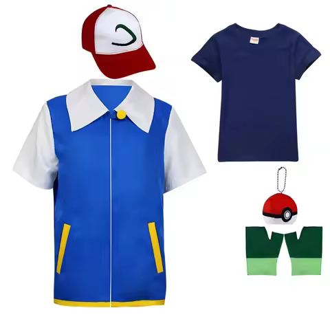 ★Halloween Cosplay Costume kids pet Anime Elf Ball Blue Jacket s Ash Ketchum for Party Trainer Cap a