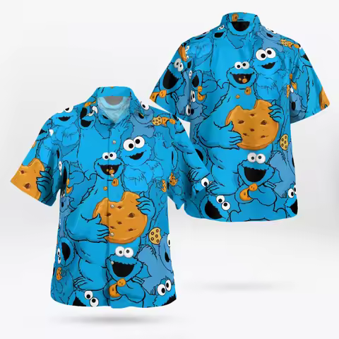 Harajuku Anime 3D Elmo Shirt Hawaiian Shirt Men's Summer Short-Sleeved Shirt Men's 2024 Plus Size 3X