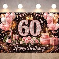 Happy 60th Birthday Pink Diamond Number Polyester Waterproof Banner Backdrop Rose Champagne Cake Bal