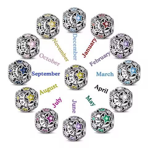 925 Sterling Silver January to December Star Moon Birthstone Charms Beads Sparkling Zircon Fit DIY B