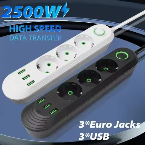 3/4/5 Euro Jacks 3 USB Power Strip with Extension 2M Cord Socket Network Filter Round Pin AC Outlet 