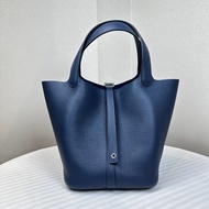 閒置全新 愛馬仕/Hermes Picotin Lock 22 藍色銀扣菜籃子手提水桶包22x17x21cm