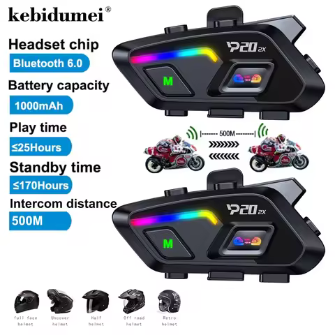 Kebidumei P20 2x Wireless Bluetooth6.0 Motorcycle Helmet Intercom Headset Waterproof 500 m Intercomu