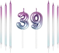Mciskin 39th Birthday Number Candles Decorations Colourful 39 Candles with Pink Purple Long Candles 