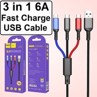 3 in 1 6A Fast Charge USB Type C / IOS Lightning / Micro USB / USB C Data Sync Charging Charge Cable