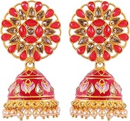 Bollywood Jewellery Traditional Ethnic Bridal Bride Wedding Bridesmaid Traditional Gold-Plated Royal Rajasthani Meenakari Red Kundan Earrings For Women