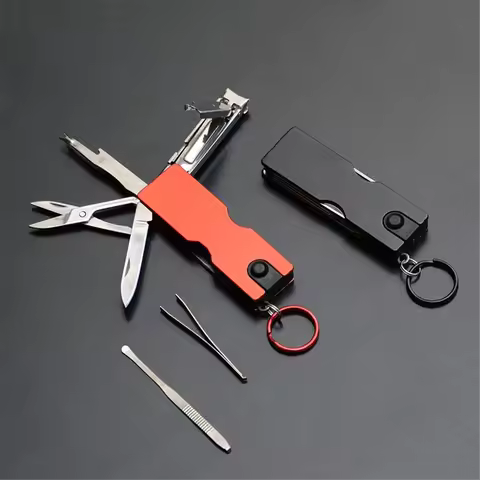 Outdoor Multifunction Mini Keychain Knife LED Light Nail Clipper Earpick Scissors Tweezer Pocket EDC