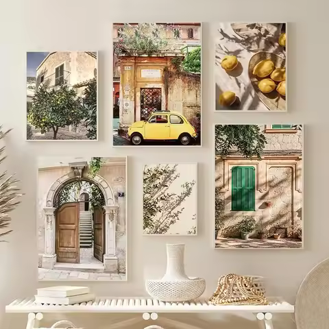 Autumn Italian Town Garden Landscape Wall Art Lemon Harvest Poster Cars and Plants Canvas Painting H