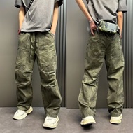POPDADA Sunshine Distressed Fading Washed Wide-Leg Loose Overall Pocket Drawstring Cuff Paratrooper 
