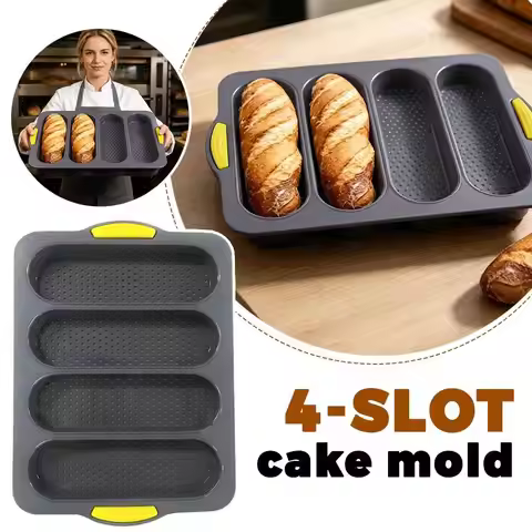 4-Slot Silicone Bread Mold, Food-Grade Non-Stick Baguette & Hamburger Bun Baking Tray, Oven-Safe Kit