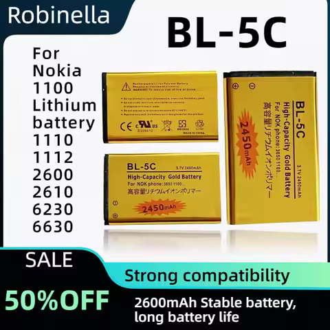BL-5C 2450mAh High Capacity Battery for Nokia. Optimized for 1100/1110/1112/1116/2610/6230/6630/N70/