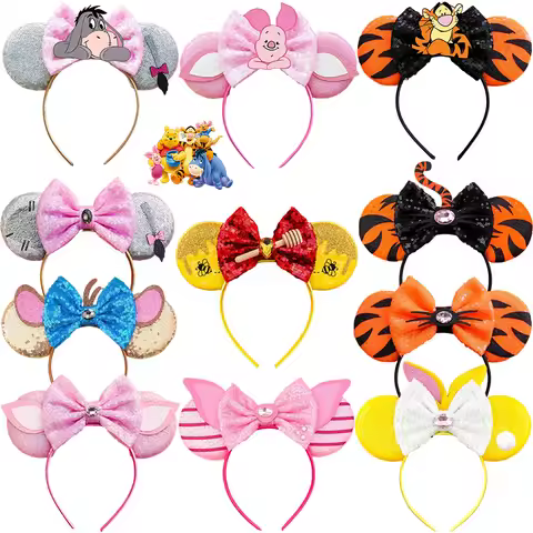 Disney Bee Winnie the Pooh Bear Ears Headbands Girl Sequins Bow Piglet Tigger Hair Accessories For W