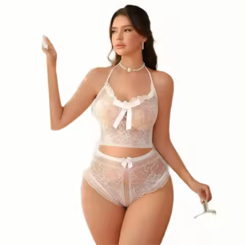 Women's White Lace Lingerie Set - Halter Neck Camisole Romantic Sheer Mesh 2-Piece Lingerie