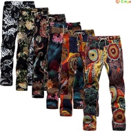 Summer New Cotton and Linen Pants Men's Printed Drawstring Ankle Length Pants Large Size S-6XL Male Slacks