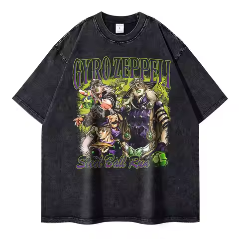 Bandai Anime JoJos T Shirt Vintage Washed JOJO Steel Ball Run T-shirts Streetwear Manga Gyro Zeppeli