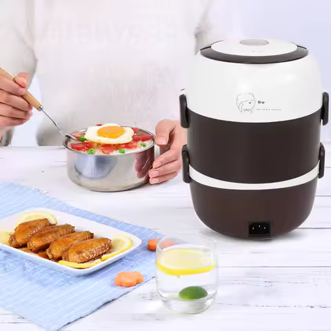 3 Tiers Insulated Lunch Box 200W Electric Lunch Box 2L Stainless Steel Heating Lunch Box 360° Heatin