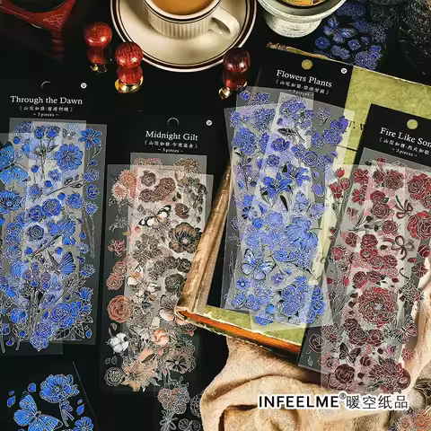 3 Sheets/pack Wild Flowers Silver Gilding PET Stickers Fresh Decorative Material Collage for Scrapbo