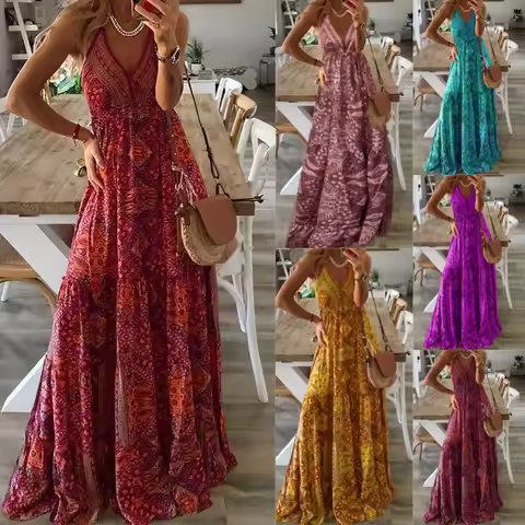 2026 Boho Style Women's Long Dress V-Neck High Waist Floral Print Maxi Gown European And American Ne